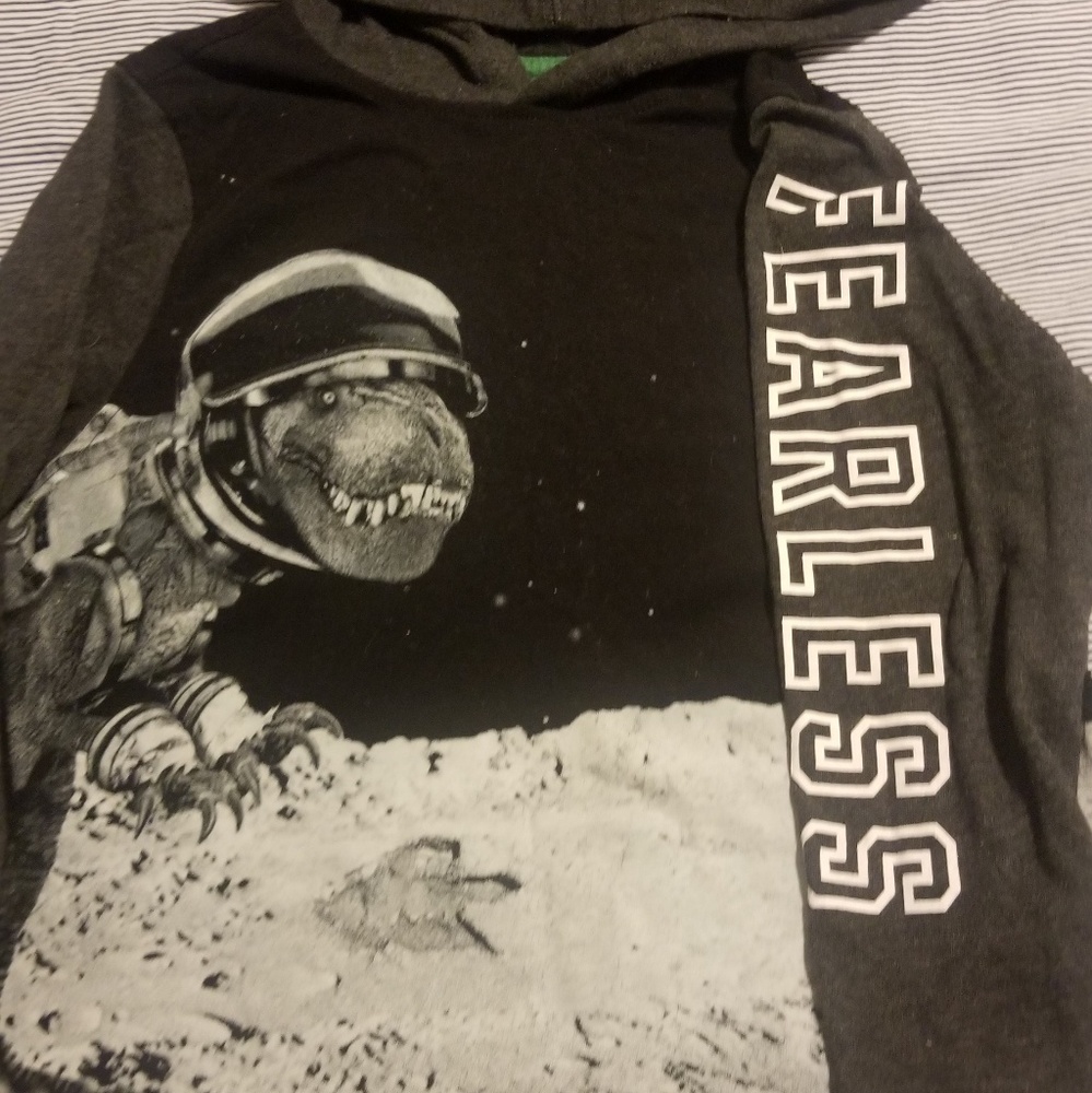Long sleeve dinosaur shirt with hood. Size 5